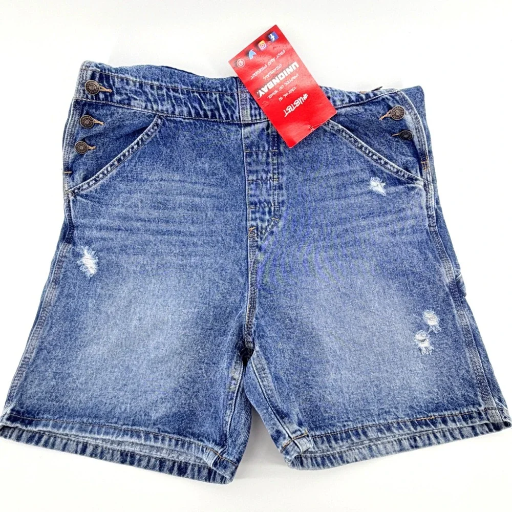 Unionbay Denim Shortalls Women Large Blue NEW Distressed Retro Utility J1L9150 - Picture 13 of 16
